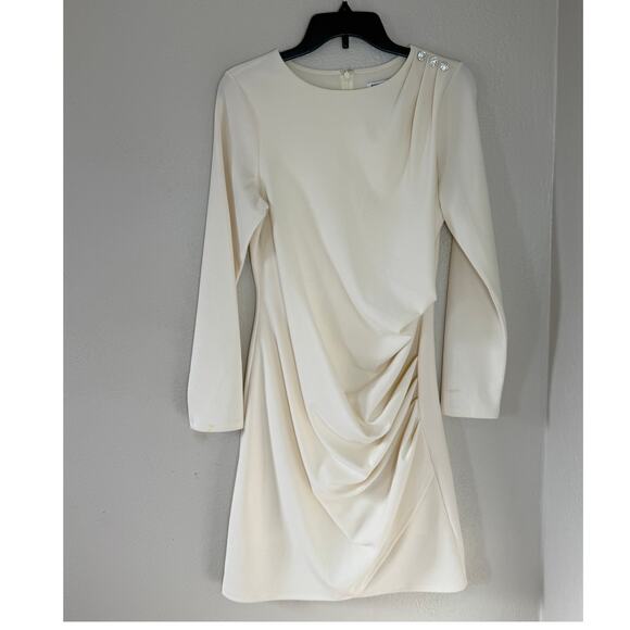 Women's Express Cream Stretch Embellished Button Shoulder  Sheath Dress Sz M - Picture 3 of 8